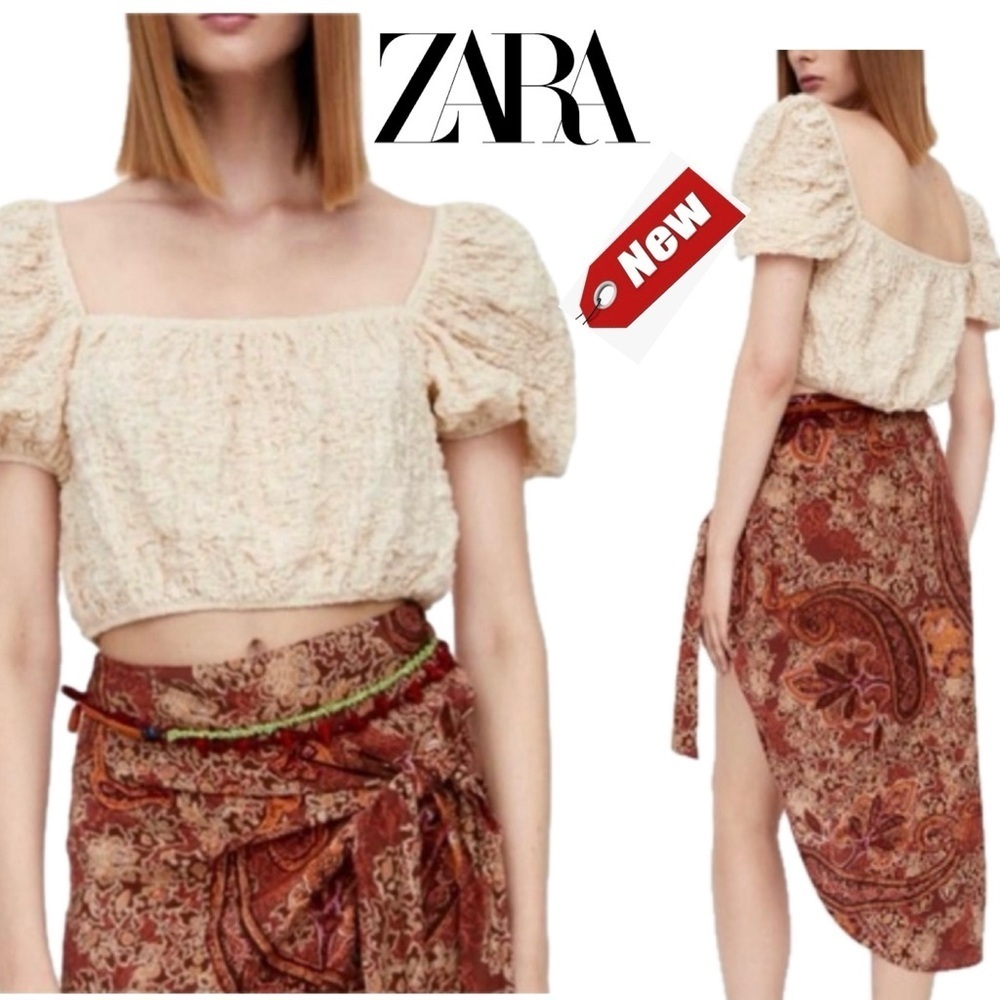 Zara Textured Puff Sleeve Smocked Crop Top Square Neck Cream Size Medium NWT